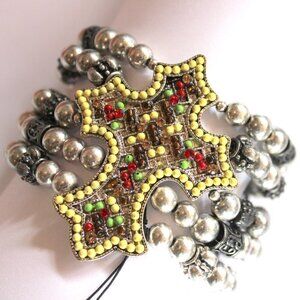 Bohemian Multicolor Crystal Beaded Cross Silver Chunky Wide Stretch Bracelet NWT